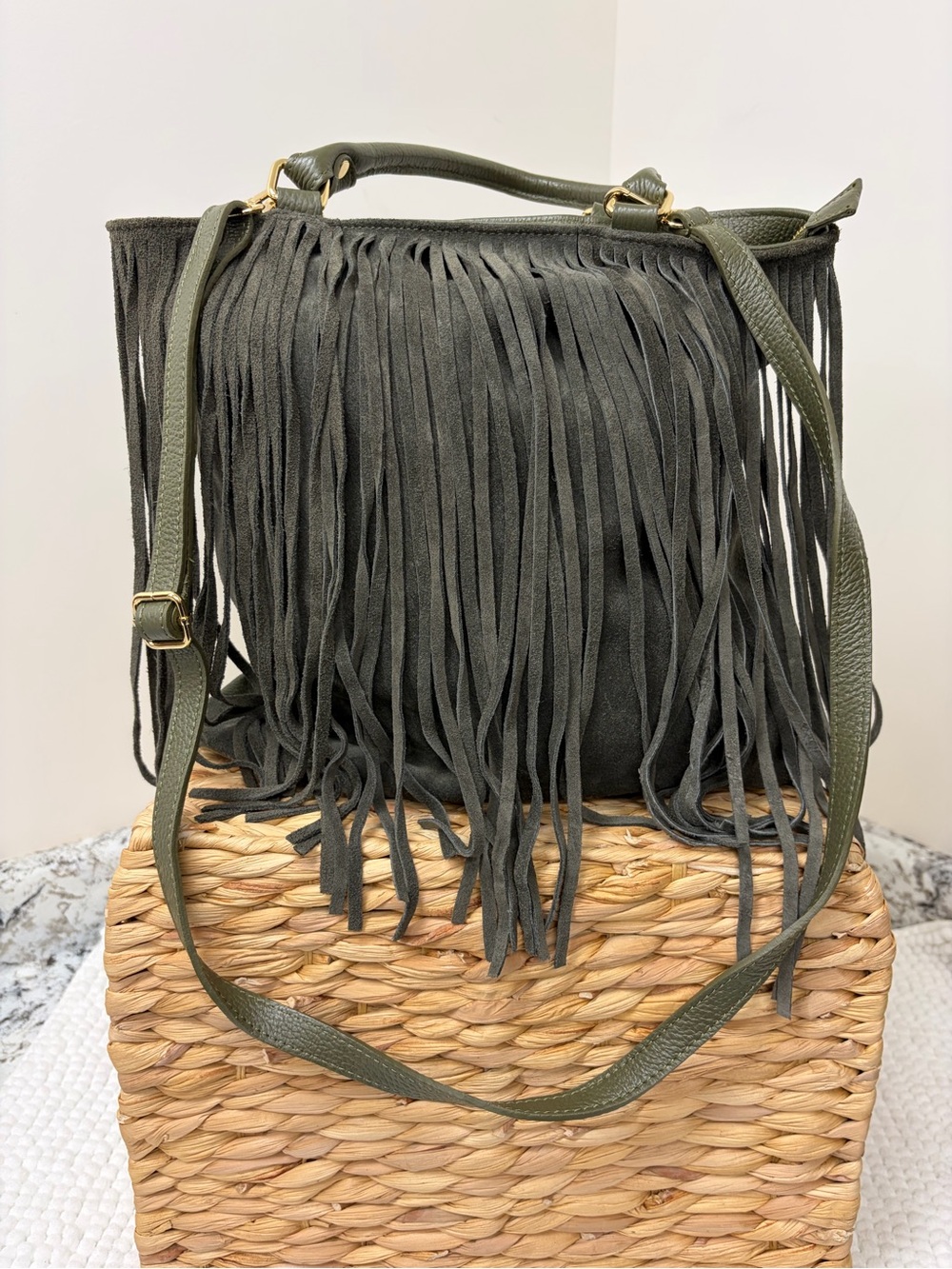 Fringed Olive Crossbody Tote with Top Handle
